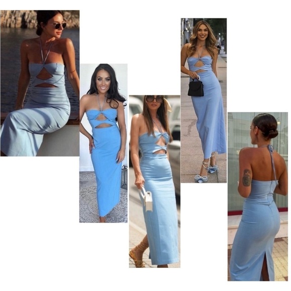 Zara Blogger Favorite Blue Cut-out Halter Top Bodycon Midi Dress Sz L - Picture 4 of 13
